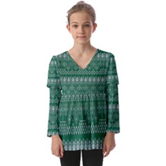 Christmas Knit Digital Kids  V Neck Casual Top