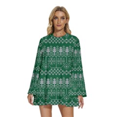 Christmas Knit Digital Round Neck Long Sleeve Bohemian Style Chiffon Mini Dress by Mariart