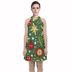 Christmas Pattern Velvet Halter Neckline Dress  by Valentinaart