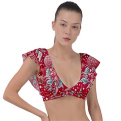 Christmas Pattern Plunge Frill Sleeve Bikini Top