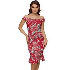 Christmas Pattern Off Shoulder Ruffle Split Hem Bodycon Dress