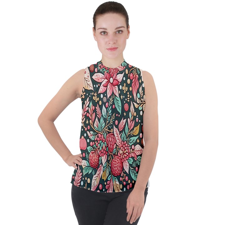 Christmas pattern Mock Neck Chiffon Sleeveless Top