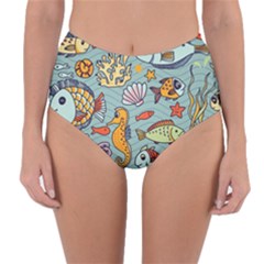 Cartoon Underwater Seamless Pattern With Crab Fish Seahorse Coral Marine Elements Reversible High-waist Bikini Bottoms by uniart180623