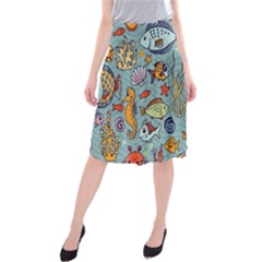 Cartoon Underwater Seamless Pattern With Crab Fish Seahorse Coral Marine Elements Midi Beach Skirt