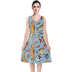 Cartoon Underwater Seamless Pattern With Crab Fish Seahorse Coral Marine Elements V-neck Midi Sleeveless Dress  by uniart180623