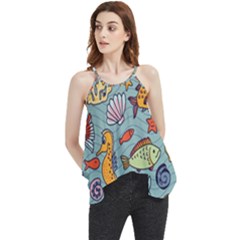 Cartoon Underwater Seamless Pattern With Crab Fish Seahorse Coral Marine Elements Flowy Camisole Tank Top by uniart180623