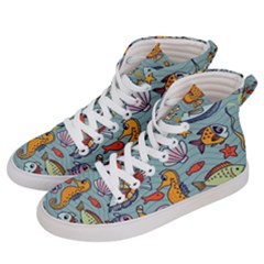 Cartoon Underwater Seamless Pattern With Crab Fish Seahorse Coral Marine Elements Men s Hi-top Skate Sneakers by uniart180623