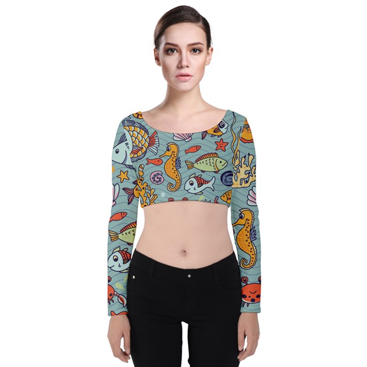 Cartoon Underwater Seamless Pattern With Crab Fish Seahorse Coral Marine Elements Velvet Long Sleeve Crop Top