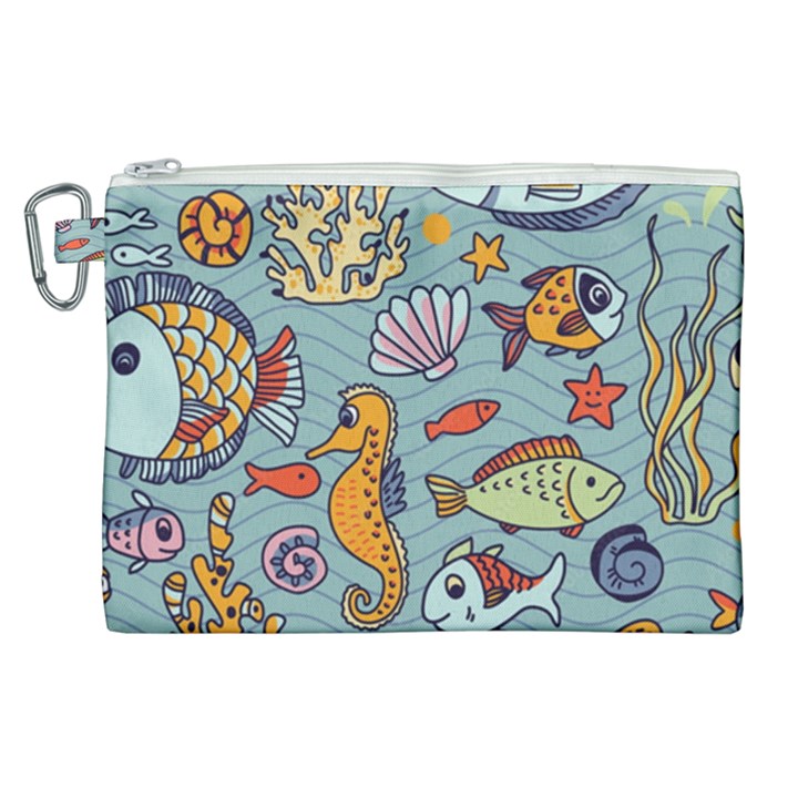 Cartoon Underwater Seamless Pattern With Crab Fish Seahorse Coral Marine Elements Canvas Cosmetic Bag (XL)