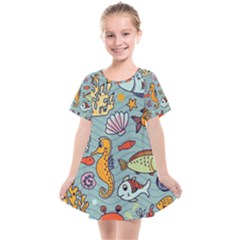 Cartoon Underwater Seamless Pattern With Crab Fish Seahorse Coral Marine Elements Kids  Smock Dress by uniart180623