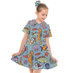 Cartoon Underwater Seamless Pattern With Crab Fish Seahorse Coral Marine Elements Kids  Short Sleeve Shirt Dress by uniart180623