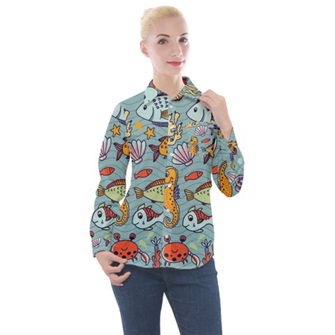 Cartoon Underwater Seamless Pattern With Crab Fish Seahorse Coral Marine Elements Women s Long Sleeve Pocket Shirt by uniart180623