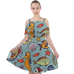 Cartoon Underwater Seamless Pattern With Crab Fish Seahorse Coral Marine Elements Cut Out Shoulders Chiffon Dress by uniart180623