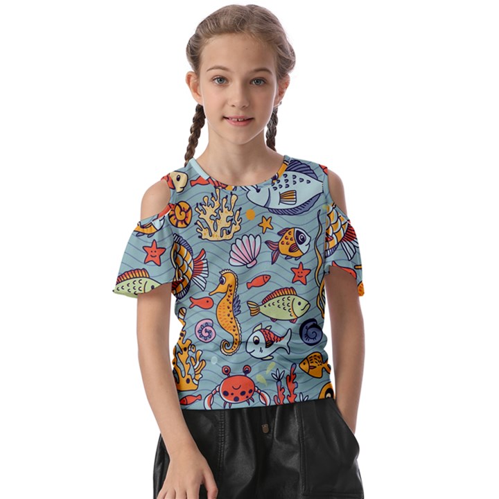 Cartoon Underwater Seamless Pattern With Crab Fish Seahorse Coral Marine Elements Kids  Butterfly Cutout T-Shirt