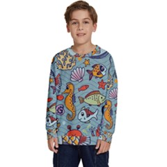 Cartoon Underwater Seamless Pattern With Crab Fish Seahorse Coral Marine Elements Kids  Crewneck Sweatshirt