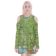 Map Earth World Russia Europe Velvet Long Sleeve Shoulder Cutout Dress