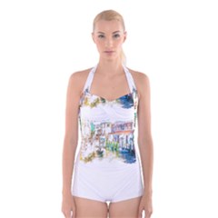 Venice T- Shirt Venice Voyage Art Digital Painting Watercolor Discovery T- Shirt (1) Boyleg Halter Swimsuit  by ZUXUMI