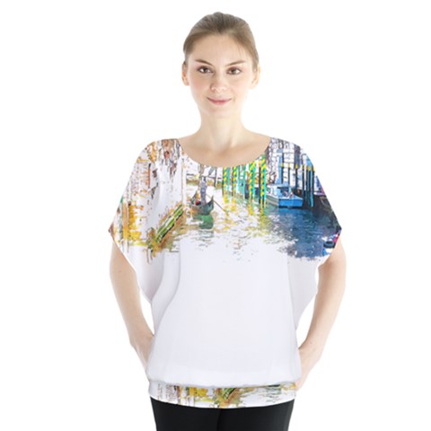 Venice T- Shirt Venice Voyage Art Digital Painting Watercolor Discovery T- Shirt (1) Batwing Chiffon Blouse by ZUXUMI