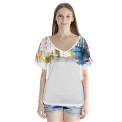 Venice T- Shirt Venice Voyage Art Digital Painting Watercolor Discovery T- Shirt (1) V-neck Flutter Sleeve Top by ZUXUMI