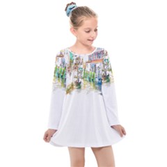 Venice T- Shirt Venice Voyage Art Digital Painting Watercolor Discovery T- Shirt (1) Kids  Long Sleeve Dress by ZUXUMI