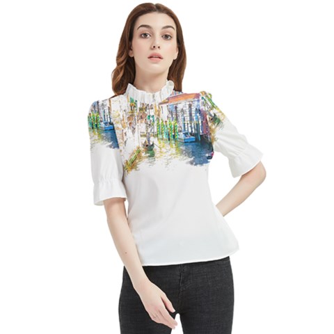 Venice T- Shirt Venice Voyage Art Digital Painting Watercolor Discovery T- Shirt (1) Frill Neck Blouse by ZUXUMI