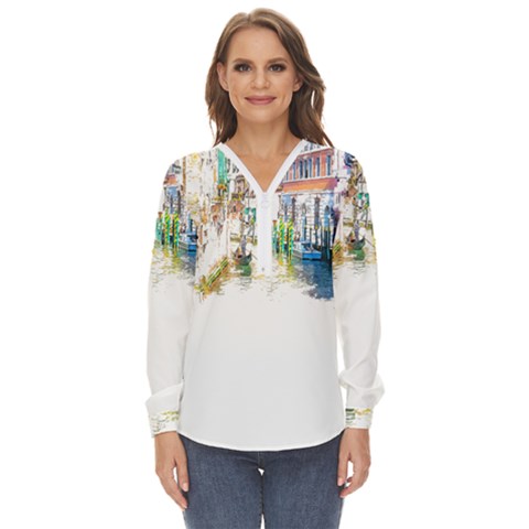 Venice T- Shirt Venice Voyage Art Digital Painting Watercolor Discovery T- Shirt (1) Zip Up Long Sleeve Blouse by ZUXUMI