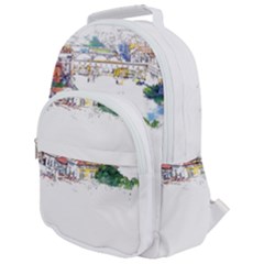 Venice T- Shirt Venice Voyage Art Digital Painting Watercolor Discovery T- Shirt (2) Rounded Multi Pocket Backpack by ZUXUMI