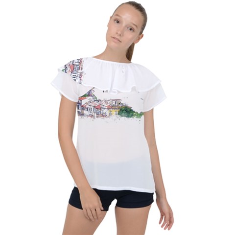 Venice T- Shirt Venice Voyage Art Digital Painting Watercolor Discovery T- Shirt (2) Ruffle Collar Chiffon Blouse by ZUXUMI