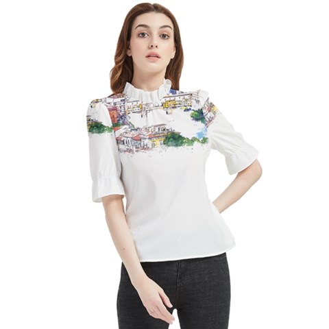 Venice T- Shirt Venice Voyage Art Digital Painting Watercolor Discovery T- Shirt (2) Frill Neck Blouse by ZUXUMI