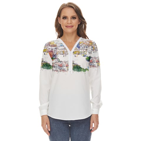 Venice T- Shirt Venice Voyage Art Digital Painting Watercolor Discovery T- Shirt (2) Zip Up Long Sleeve Blouse by ZUXUMI