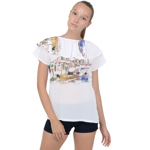 Venice T- Shirt Venice Voyage Art Digital Painting Watercolor Discovery T- Shirt (3) Ruffle Collar Chiffon Blouse by ZUXUMI