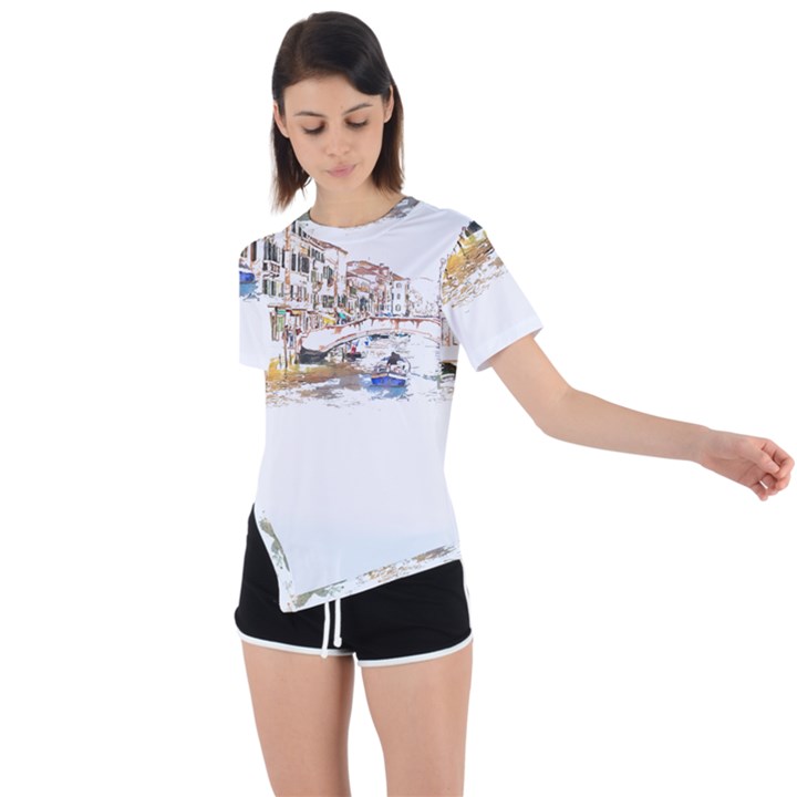 Venice T- Shirt Venice Voyage Art Digital Painting Watercolor Discovery T- Shirt (3) Asymmetrical Short Sleeve Sports T-Shirt