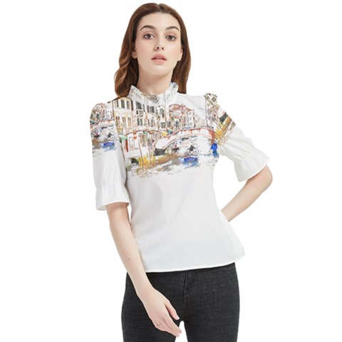 Venice T- Shirt Venice Voyage Art Digital Painting Watercolor Discovery T- Shirt (3) Frill Neck Blouse by ZUXUMI