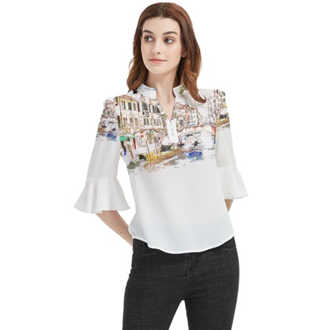 Venice T- Shirt Venice Voyage Art Digital Painting Watercolor Discovery T- Shirt (3) Loose Horn Sleeve Chiffon Blouse by ZUXUMI