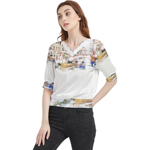 Venice T- Shirt Venice Voyage Art Digital Painting Watercolor Discovery T- Shirt (3) Quarter Sleeve Blouse by ZUXUMI