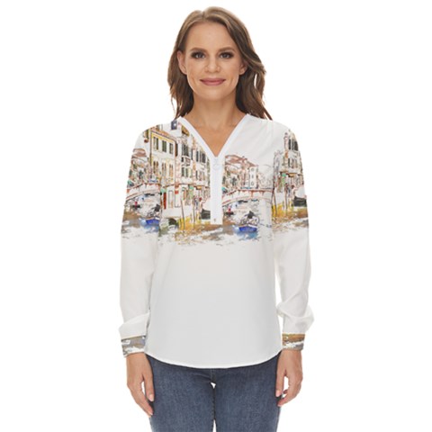 Venice T- Shirt Venice Voyage Art Digital Painting Watercolor Discovery T- Shirt (3) Zip Up Long Sleeve Blouse by ZUXUMI