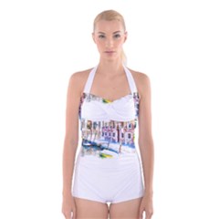 Venice T- Shirt Venice Voyage Art Digital Painting Watercolor Discovery T- Shirt (4) Boyleg Halter Swimsuit  by ZUXUMI