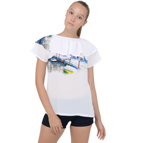 Venice T- Shirt Venice Voyage Art Digital Painting Watercolor Discovery T- Shirt (4) Ruffle Collar Chiffon Blouse by ZUXUMI