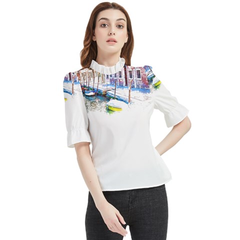 Venice T- Shirt Venice Voyage Art Digital Painting Watercolor Discovery T- Shirt (4) Frill Neck Blouse by ZUXUMI