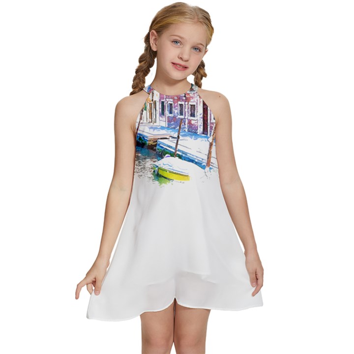 Venice T- Shirt Venice Voyage Art Digital Painting Watercolor Discovery T- Shirt (4) Kids  Halter Collar Waist Tie Chiffon Dress