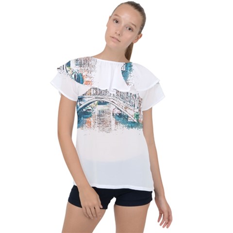 Venice T- Shirt Venice Voyage Art Digital Painting Watercolor Discovery T- Shirt Ruffle Collar Chiffon Blouse by ZUXUMI