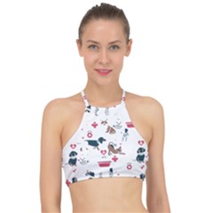 Veterinarian Gift T- Shirt Veterinary Medicine, Happy And Healthy Friends    Pattern    Coral Backgr Halter Bikini Top by ZUXUMI