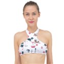 Veterinarian Gift T- Shirt Veterinary Medicine, Happy And Healthy Friends    Pattern    Coral Backgr High Neck Bikini Top View1