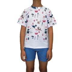 Veterinarian Gift T- Shirt Veterinary Medicine, Happy And Healthy Friends    Pattern    Coral Backgr Kids  Short Sleeve Swimwear by ZUXUMI