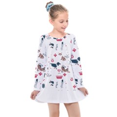 Veterinarian Gift T- Shirt Veterinary Medicine, Happy And Healthy Friends    Pattern    Coral Backgr Kids  Long Sleeve Dress by ZUXUMI