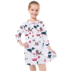 Veterinarian Gift T- Shirt Veterinary Medicine, Happy And Healthy Friends    Pattern    Coral Backgr Kids  Quarter Sleeve Shirt Dress by ZUXUMI