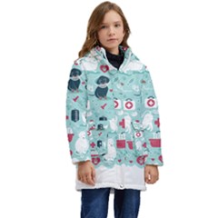 Veterinarian Medicine T- Shirt Veterinary Medicine, Happy And Healthy Friends    Aqua Background Red Kids  Hooded Longline Puffer Jacket by ZUXUMI