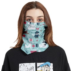 Veterinarian Medicine T- Shirt Veterinary Medicine, Happy And Healthy Friends    Aqua Background Red Face Covering Bandana (two Sides) by ZUXUMI