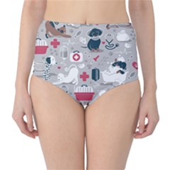 Veterinarian Medicine T- Shirt Veterinary Medicine, Happy And Healthy Friends    Grey Background Red Classic High-waist Bikini Bottoms by ZUXUMI