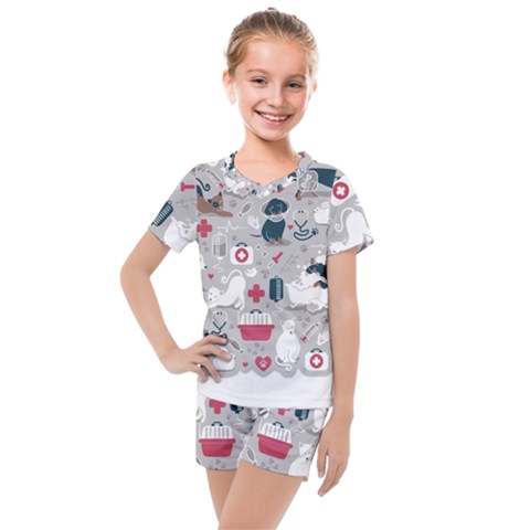 Veterinarian Medicine T- Shirt Veterinary Medicine, Happy And Healthy Friends    Grey Background Red Kids  Mesh T-shirt And Shorts Set by ZUXUMI